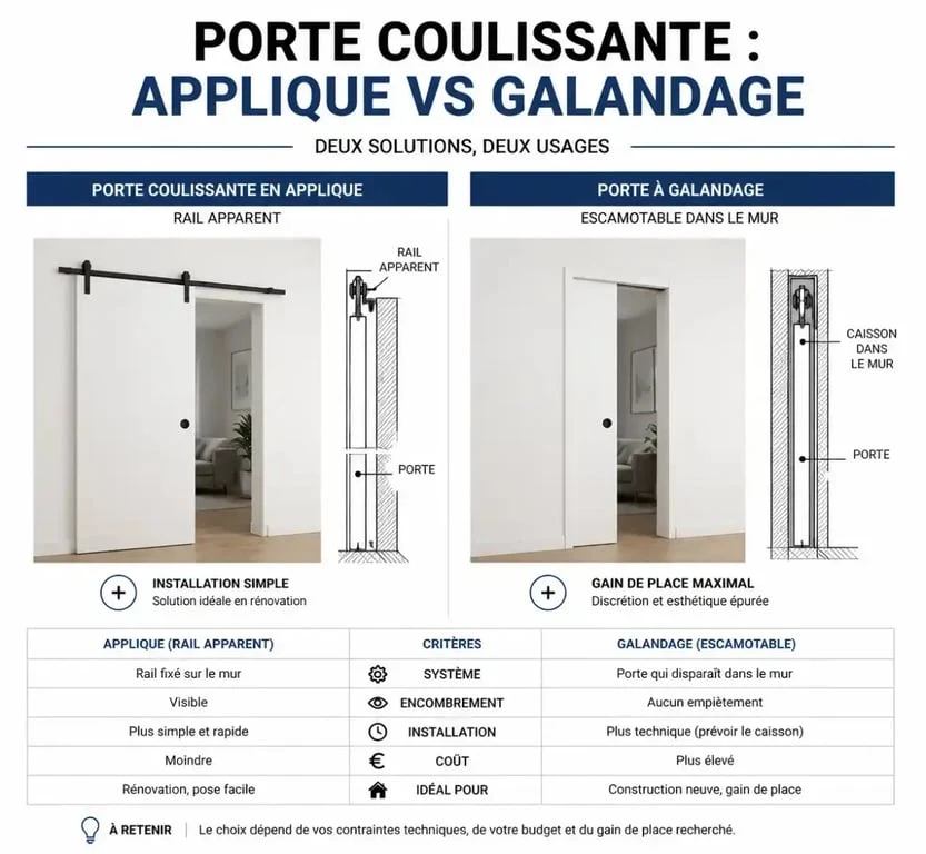 Comparatif des systèmes de porte coulissante séparation de pièce : applique vs galandage
