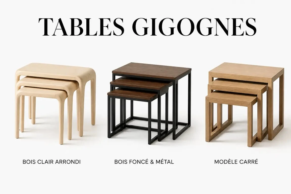 Table gigogne bois en trois styles, bois clair, bois foncé et métal noir
