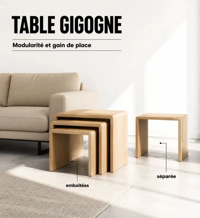 Table gigogne bois dans un petit salon, tables emboîtées et déployées pour gagner de la place