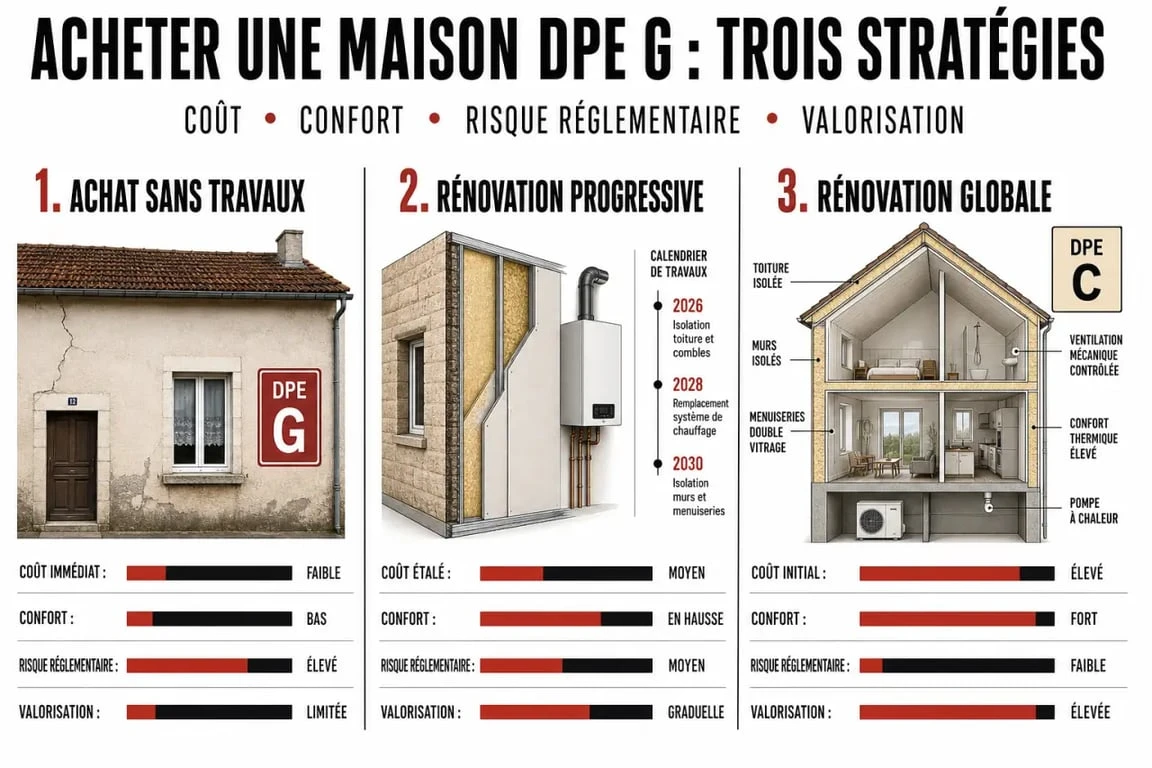 Acheter une maison dpe g : comparatif des scénarios achat sans travaux, rénovation progressive et rénovation globale