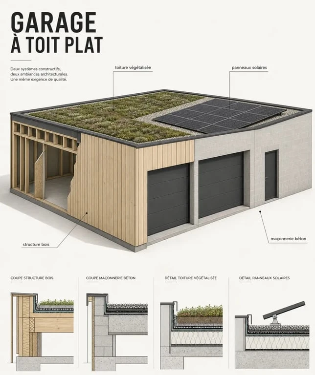 Garage toit plat : comparaison visuelle des matériaux et des configurations modernes