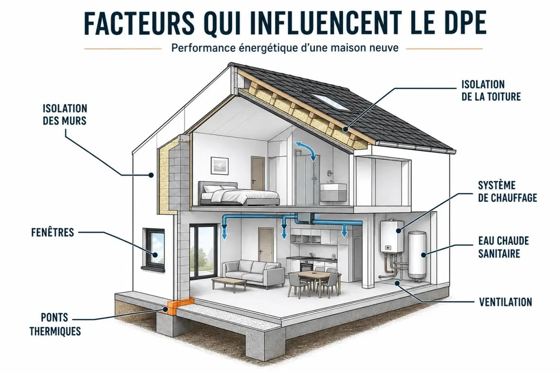 DPE maison neuve : schéma des facteurs qui influencent la classe énergétique