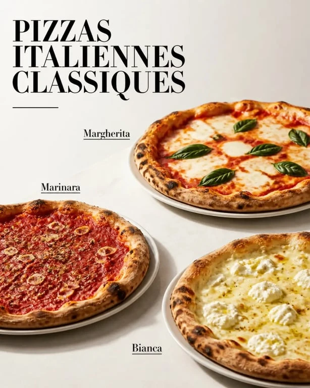 Idée de pizza italienne : sélection de pizzas italiennes classiques comme margherita, marinara et bianca