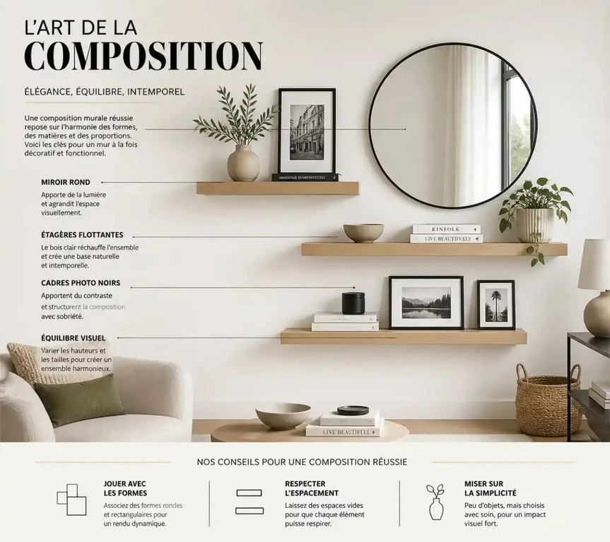 Idée de décoration pour un mur blanc avec étagères, miroir et cadres pour un intérieur moderne.