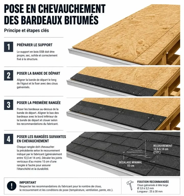 Principe de pose et chevauchement des shingles sur toiture
