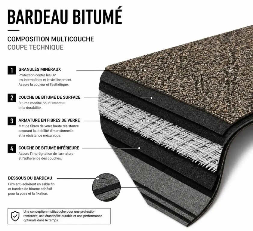 Composition technique d'un shingle toiture en coupe