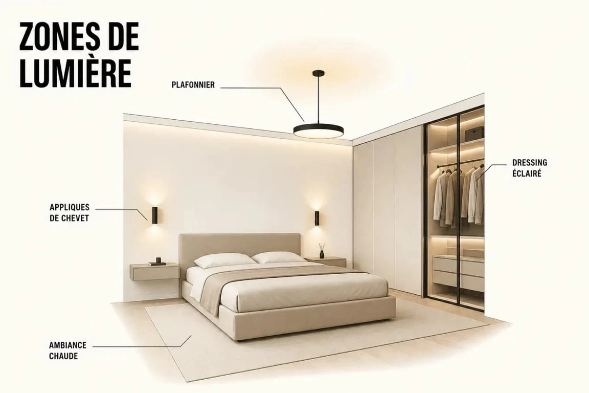 Luminaire chambre : schéma éditorial des zones de lumière dans une chambre adulte