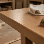 lhuile de lin bois sur table en chêne clair, chiffon et pinceau