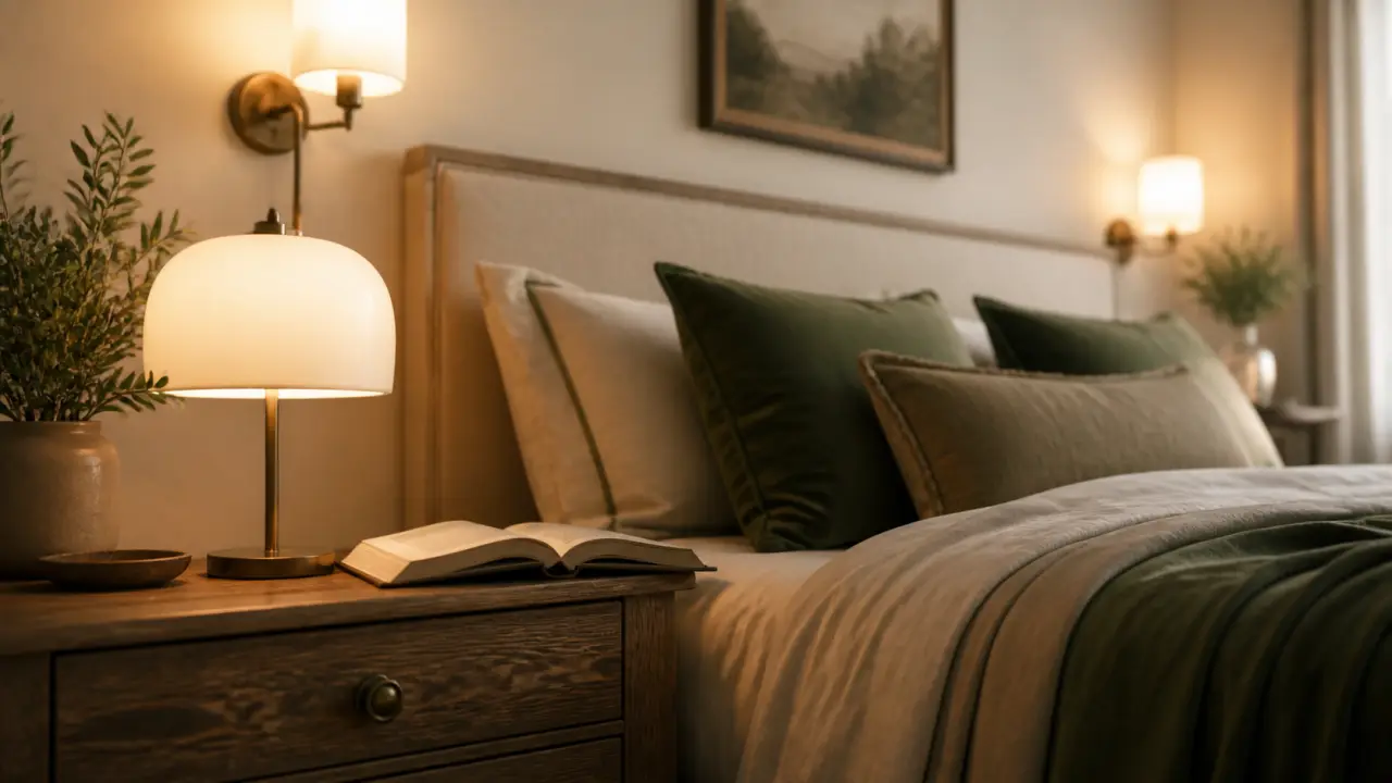 Luminaire chambre : lampe LED dimmable 2700–3300K sur table de chevet