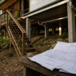 Maison sur pilotis sur pente, poteaux béton et accès escalier en bois
