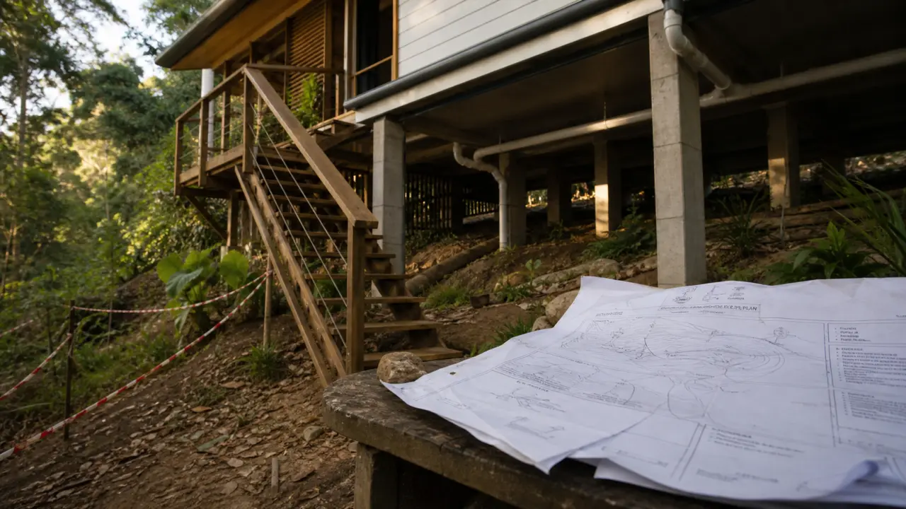 Maison sur pilotis sur pente, poteaux béton et accès escalier en bois