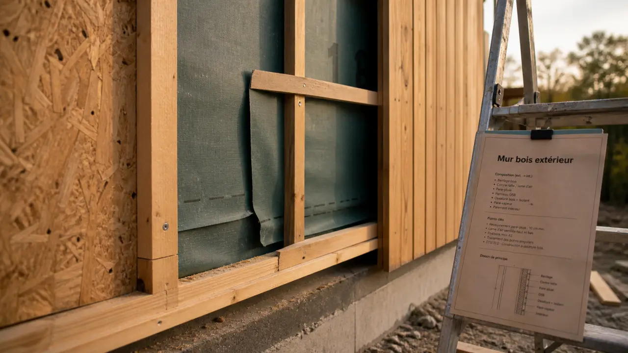 Mur en bois exterieur avec OSB 12 mm, pare-pluie et bardage bois