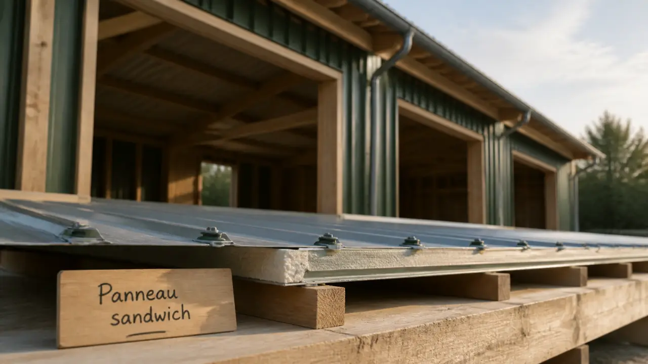 Panneau sandwich bac acier isolé PUR/PIR ou laine de roche 40 à 100 mm en construction