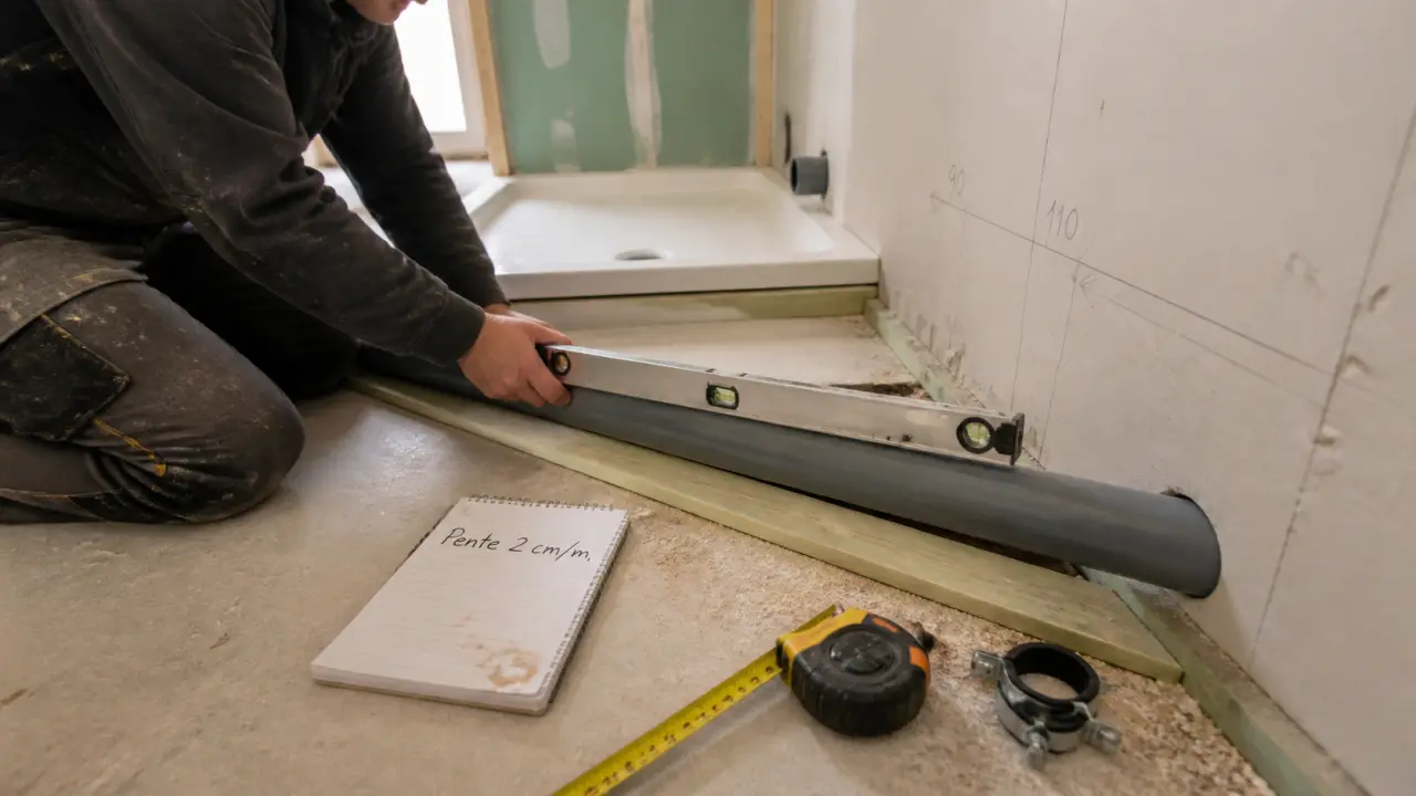 Pente évacuation eaux usées 2 cm/m : technicien contrôle au niveau à bulle sur canalisation PVC