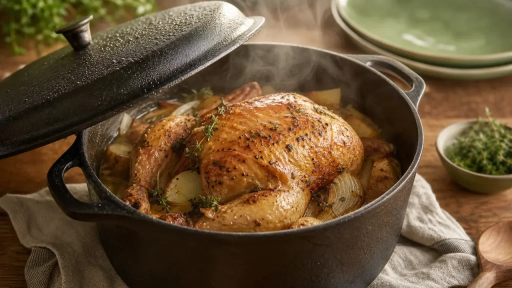 Poulet au four en cocotte fermée : 200°C, bouillon et gestes anti-sec