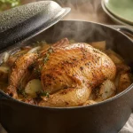 Poulet au four cocotte fermée : poulet rôti doré et bouillon fumant