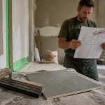Prix du béton ciré au m2 : truelle et échantillon sur support