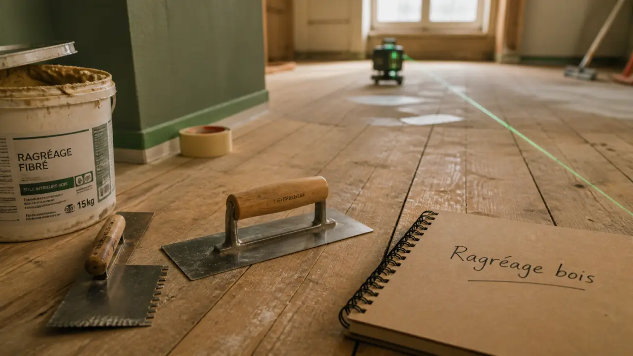 Ragréage sur plancher en bois : enduit fibré et taloche