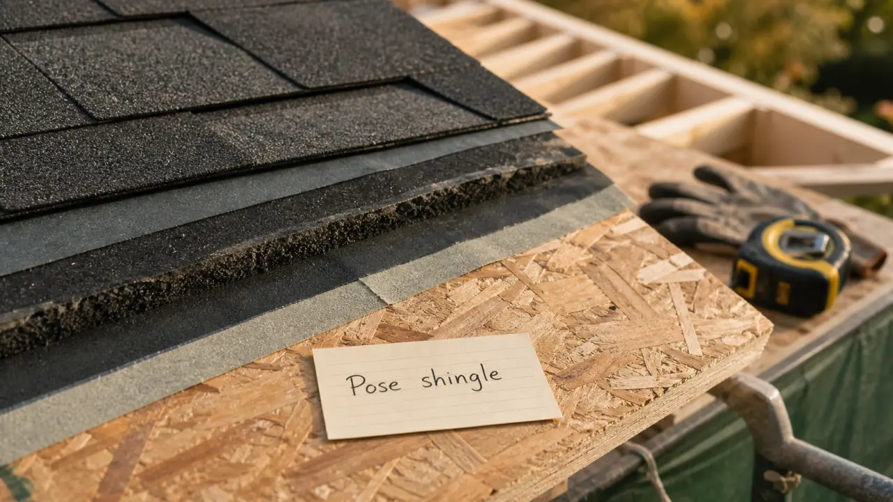 Coupe technique de shingles toiture posés sur platelage OSB