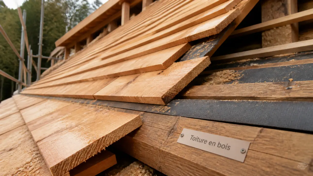 Toiture en bois à 35° : bardeaux et liteaux sur charpente