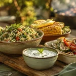 Accompagnement barbecue rapide : assiette fraîche taboulé et légumes grillés