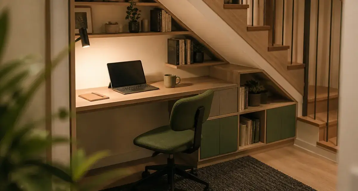 Aménagement bureau sous escalier : coin télétravail bois