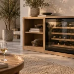 Cave a vin dans salon avec porte vitrée anti-UV, vue en bibliothèque