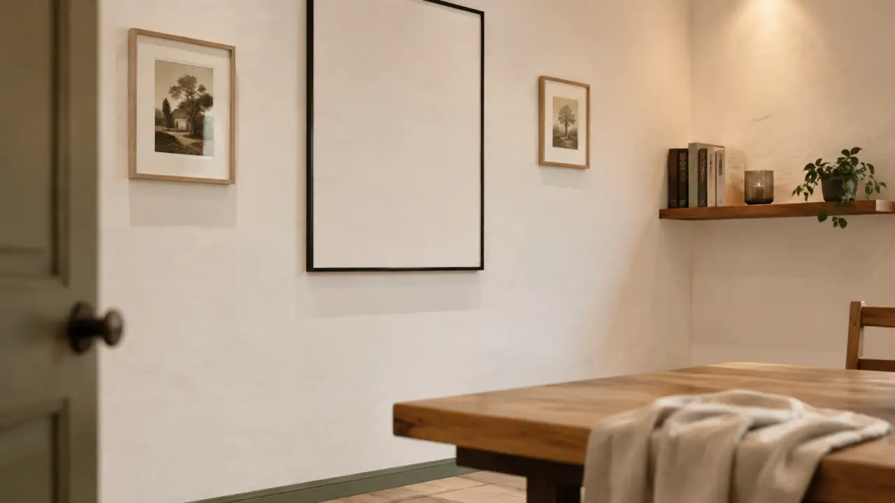 Décorer mur blanc : cadres noirs et étagère flottante, lumière chaude