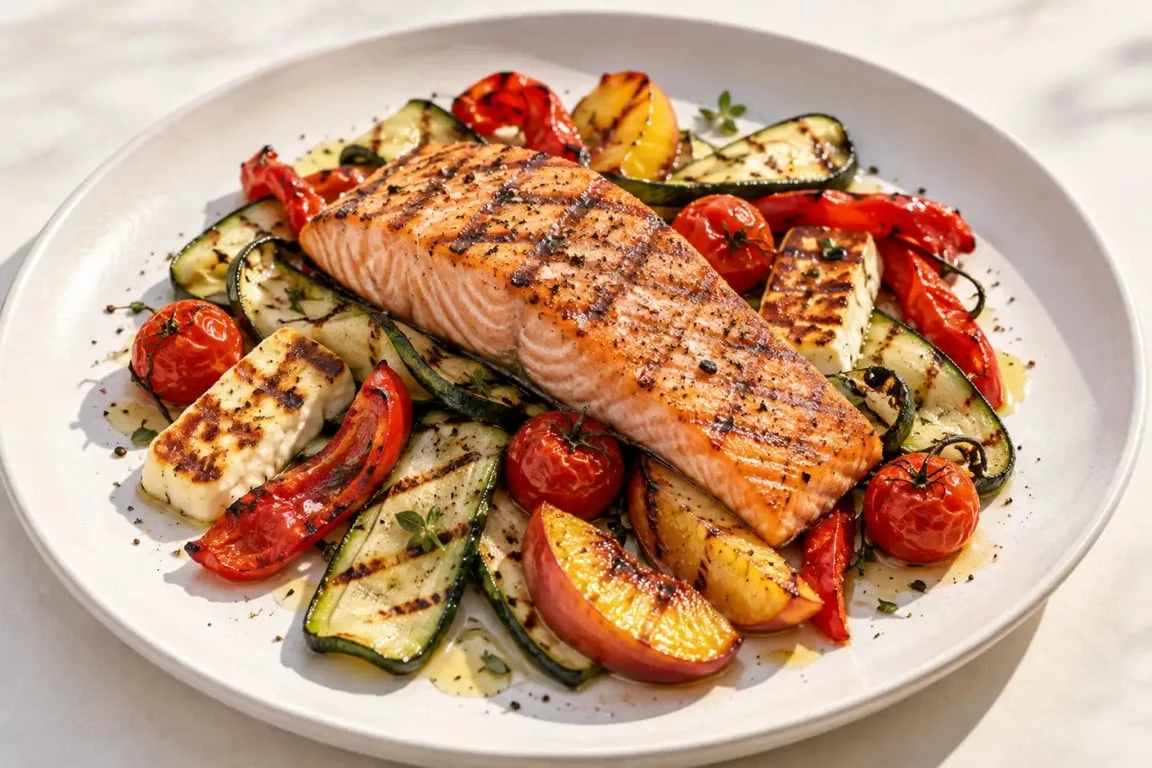 Recette plancha de saumon, légumes grillés, halloumi et nectarines