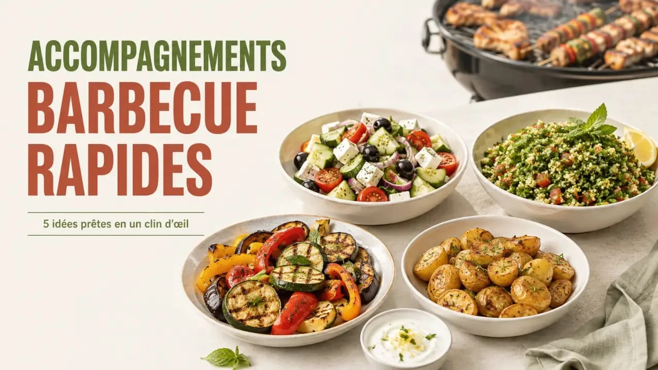 Accompagnement barbecue rapide avec salade, légumes grillés, pommes de terre et sauce au yaourt