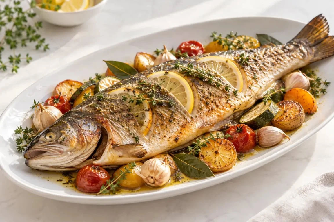 Recette truite au four dorée au citron et aux herbes, servie avec des légumes rôtis