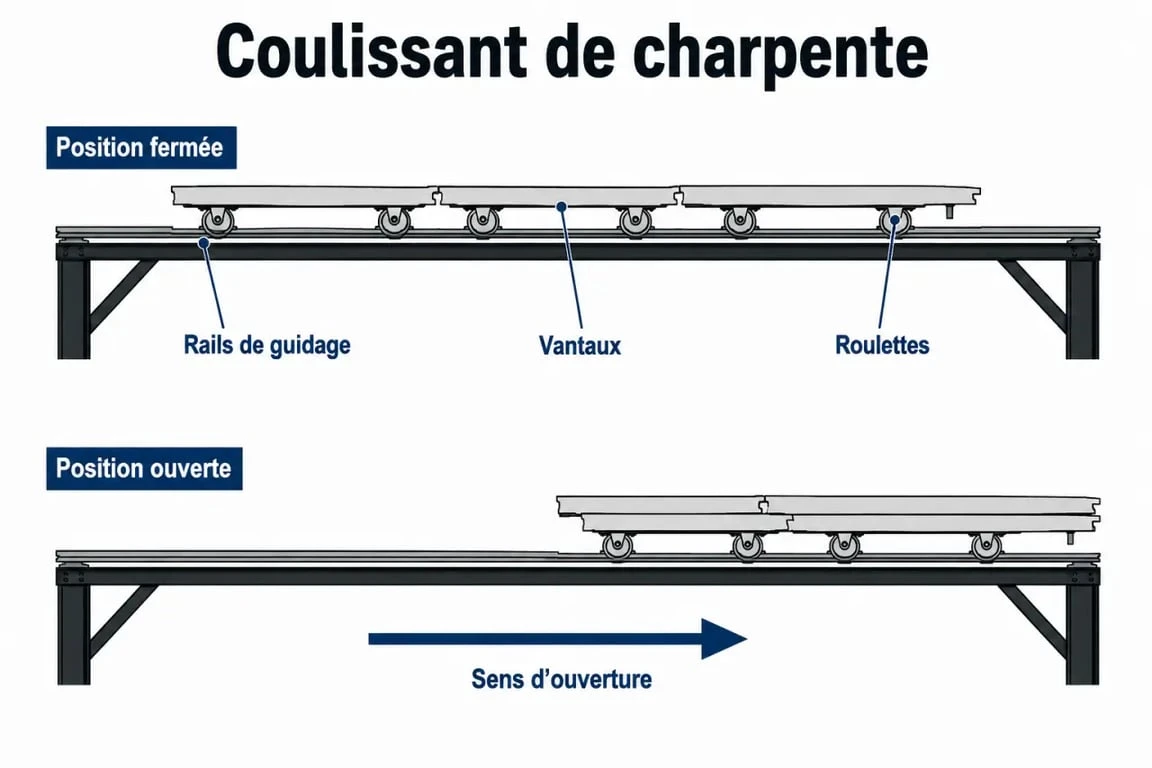 Schéma d’un coulissant charpente montrant les rails, les vantaux et le déplacement en position ouverte et fermée