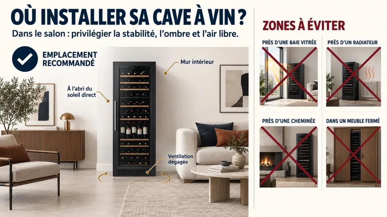 Bon emplacement pour une cave à vin dans le salon et zones à éviter