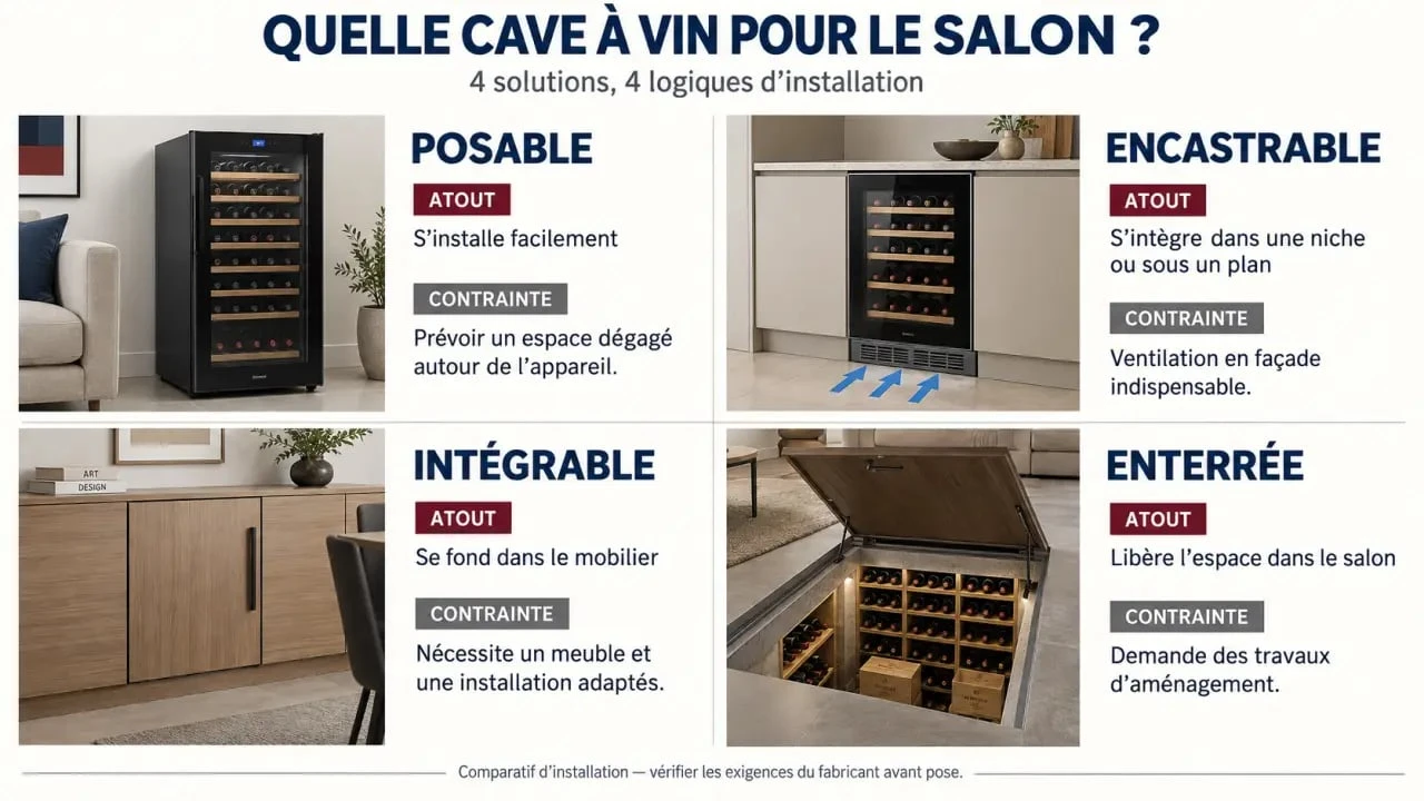 Infographie des solutions de cave à vin dans le salon : posable, encastrable, intégrable et enterrée