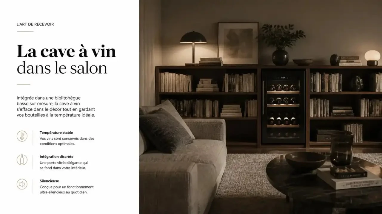 Cave à vin dans le salon intégrée dans une bibliothèque basse