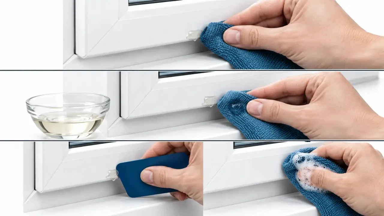 Étapes pour enlever colle sur PVC fenetre avec huile, chiffon doux et carte plastique