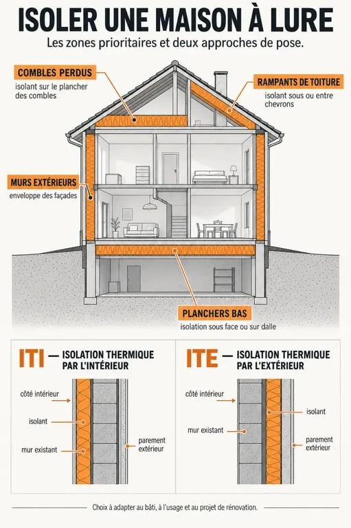 Infographie sur l’isolation maison Lure avec comparaison des zones à isoler, de l’ITI et de l’ITE