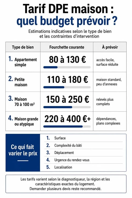 Infographie sur le tarif dpe maison avec comparatif des prix selon le type de bien