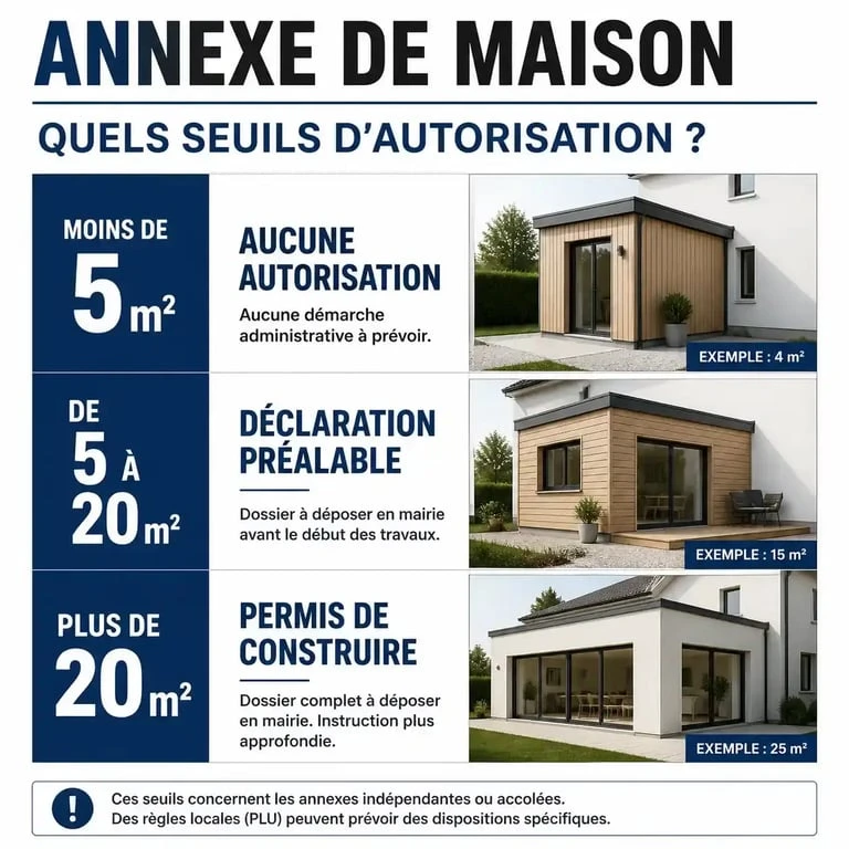 Infographie des seuils d'autorisation d'urbanisme pour la construction d'une annexe de maison