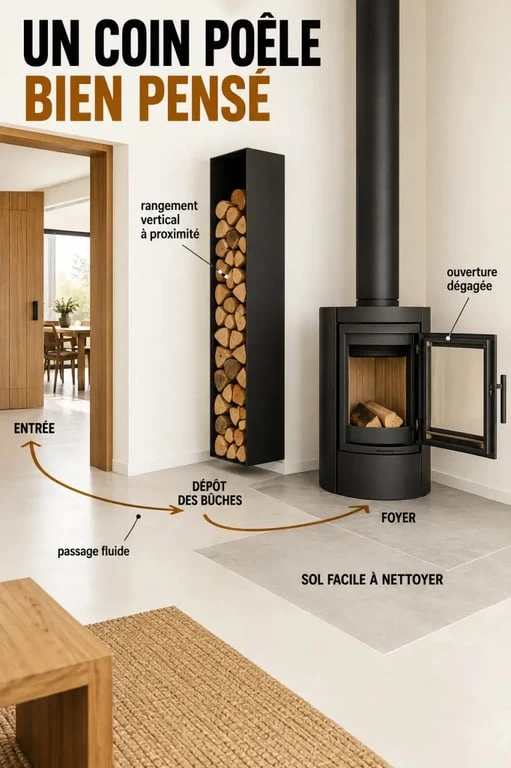 Aménagement d’un rangement bois intérieur près d’un poêle avec circulation dégagée