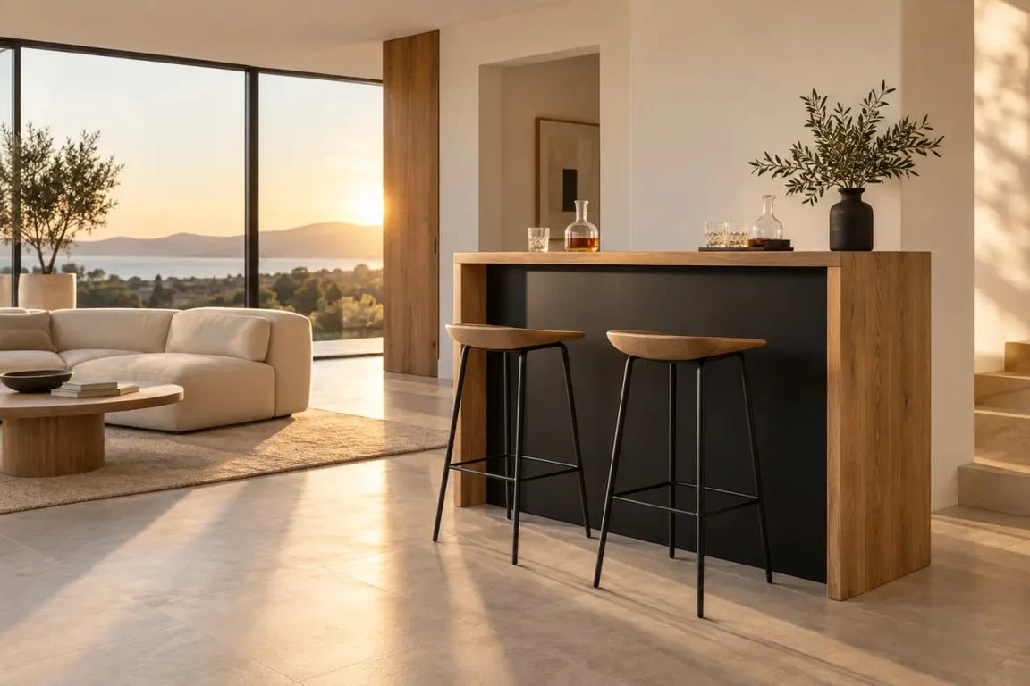 Meuble bar salon en bois avec tabourets hauts dans un séjour lumineux