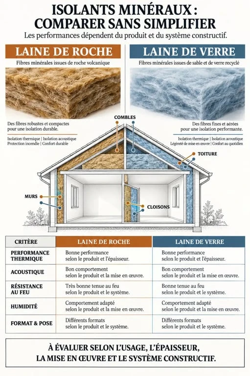 Infographie comparative sur la laine de roche et la laine de verre selon les usages et les critères de performance