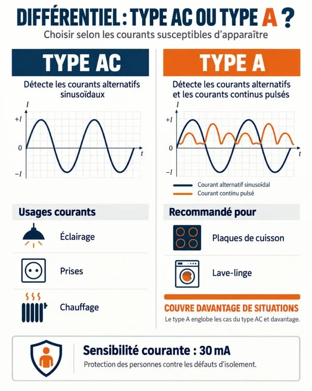 Infographie comparative sur le différentiel type A ou AC et leurs usages électriques