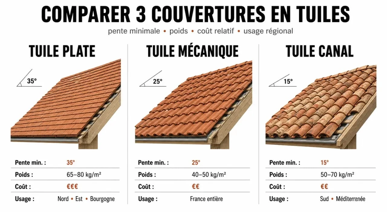 Toiture tuile plate comparée à la tuile mécanique et à la tuile canal
