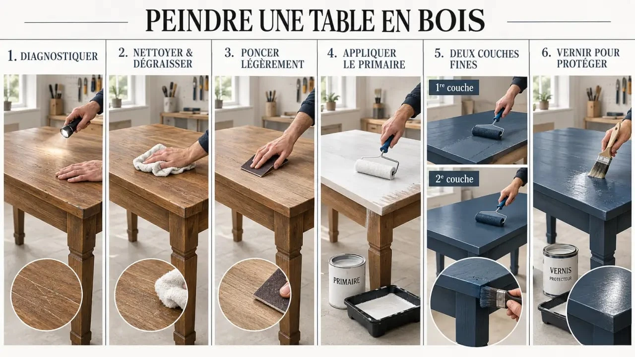 Étapes pour peindre une table bois : préparation, ponçage, peinture et vernis