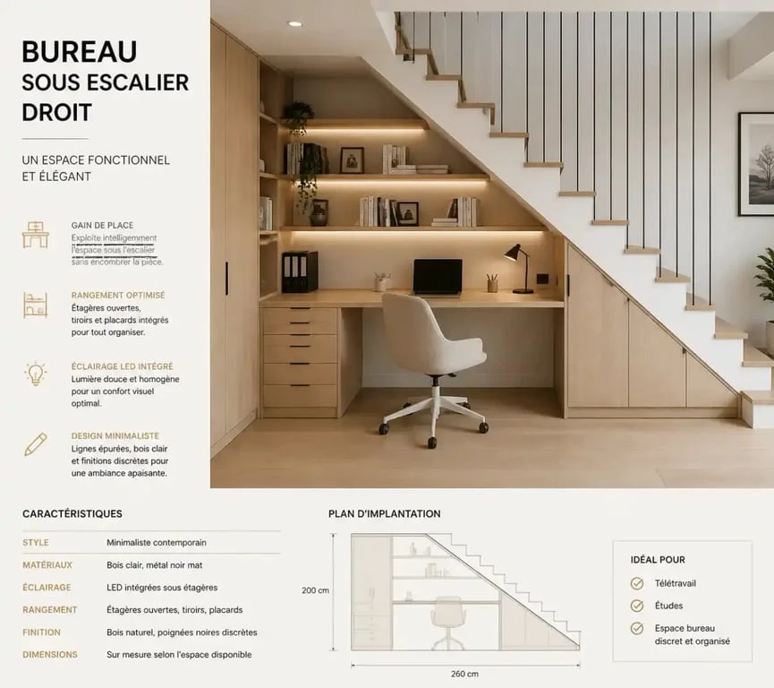 Aménagement bureau sous escalier droit moderne et fonctionnel