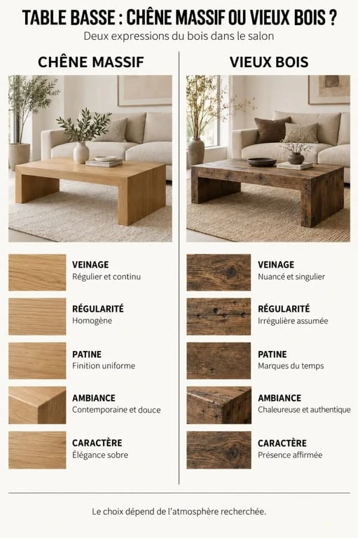 Table basse chene massif et vieux bois comparés dans une infographie déco
