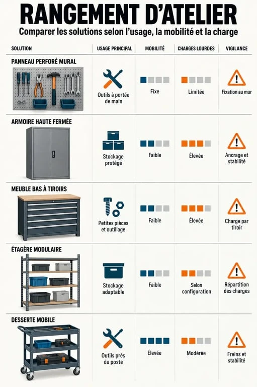 Comparaison visuelle des solutions de rangement atelier mural, bas, modulable et mobile