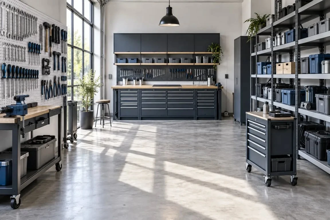 Rangement atelier organisé avec panneau mural, établi, meubles bas et étagères