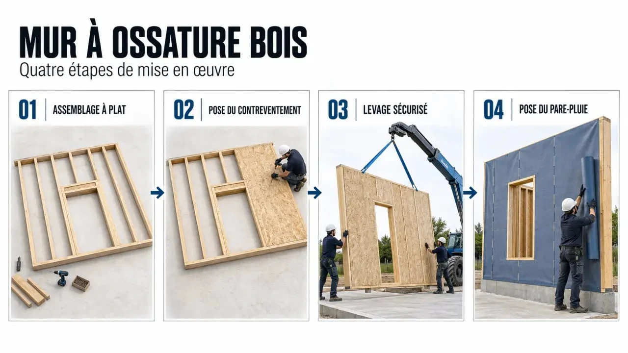 Étapes de construction d’un mur ossature bois avec assemblage, contreventement et levage